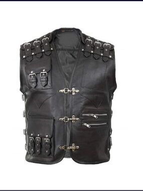 Private Label Black Leather Buckle & Zip Utility Vest